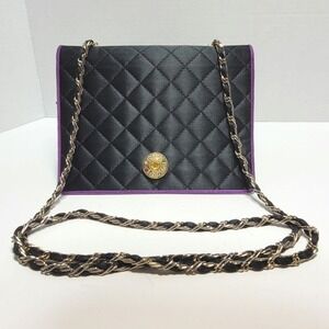 Lisette Black Quilted Evening Bag Purse Crossbody Clutch with Purple Trim